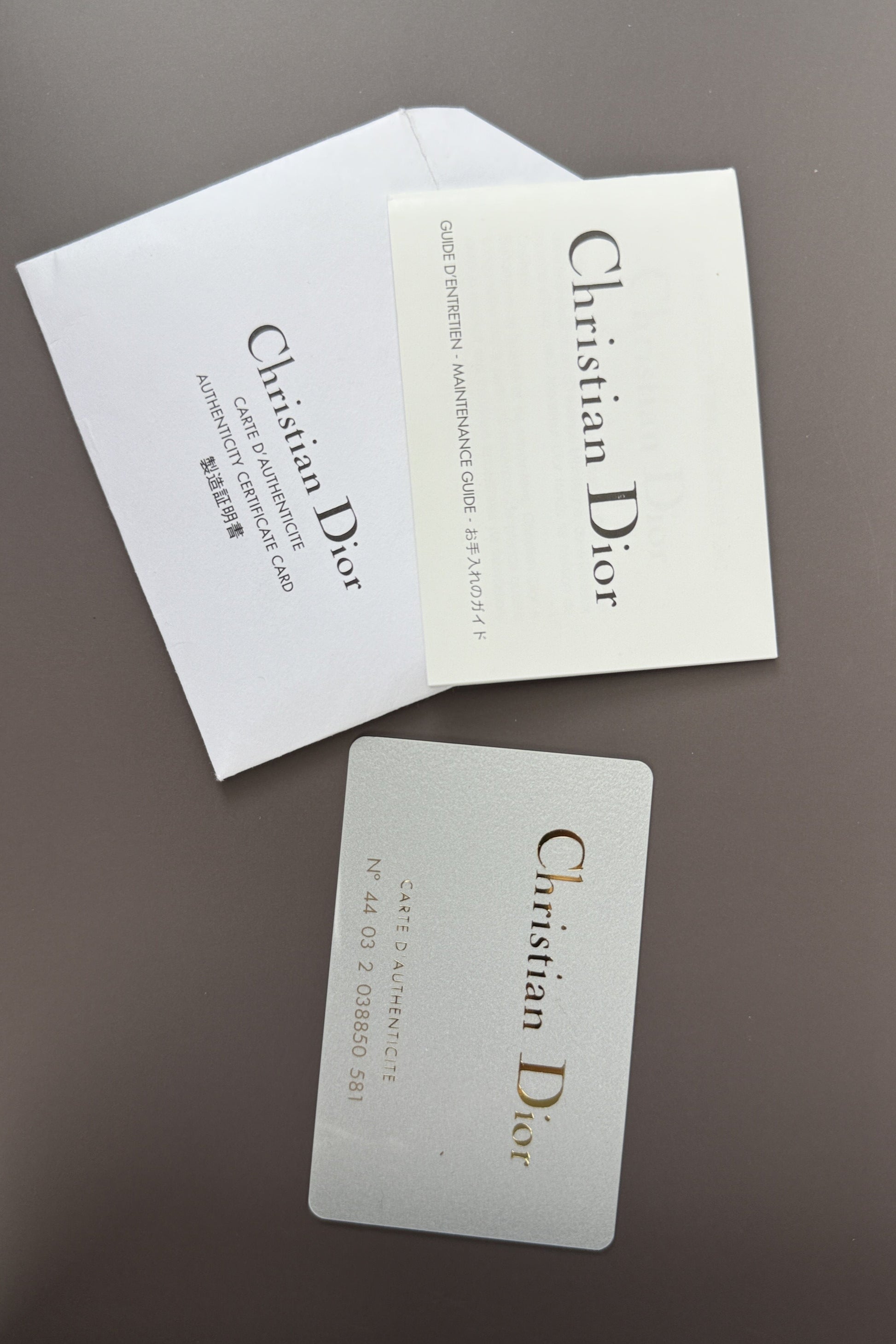 Carte certification sac Christian Dior